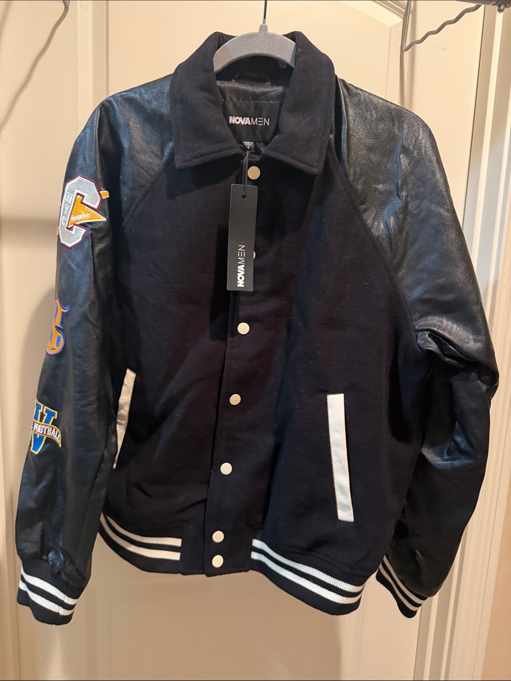 Black Varsity Jacket with Leather Sleeves